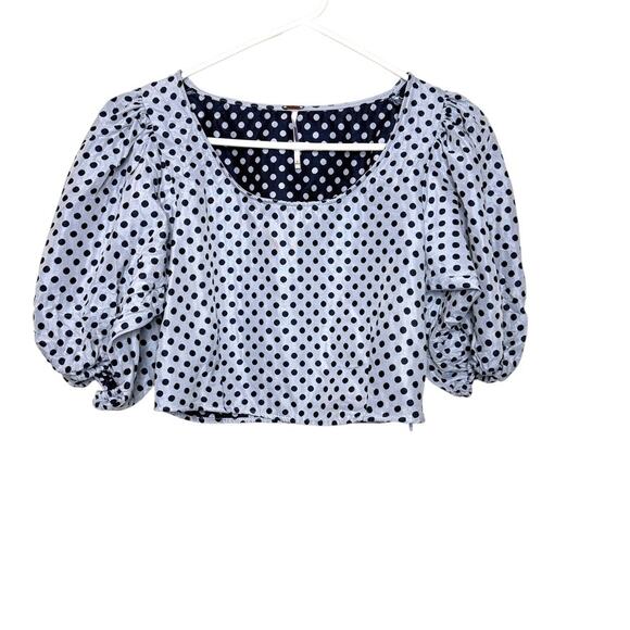 Free People Revolve Puff Sleeve Blouse Cropped Polka Dot Blue Women 6 - Picture 1 of 8